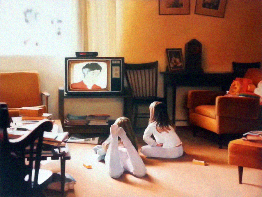 Two children lie on the floor in a cozy living room, watching a person on a vintage TV. The room has warm lighting, an orange armchair, books, and framed pictures on the wall.