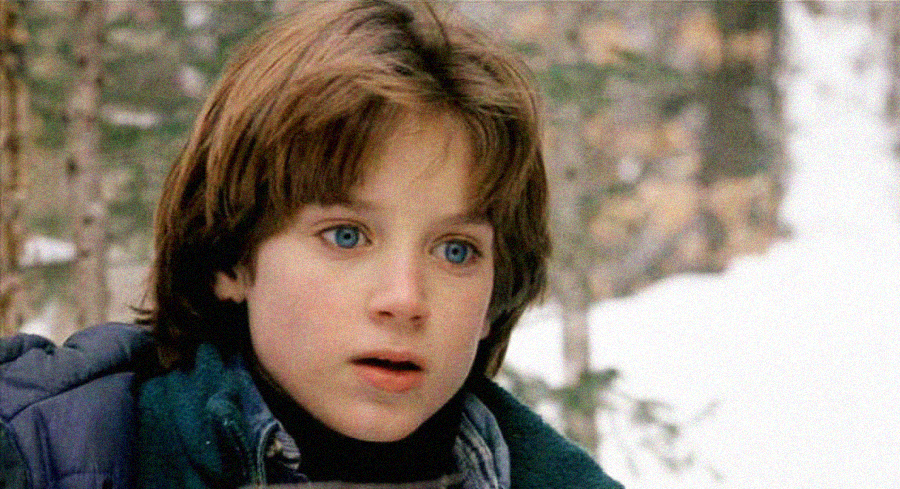 A young child with blue eyes and brown hair looks surprised while standing outdoors in a snowy, forested area.