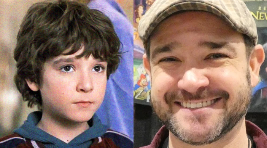 A split image shows a young boy with brown hair looking serious on the left, and an adult man with a beard, wearing a cap, smiling on the right.