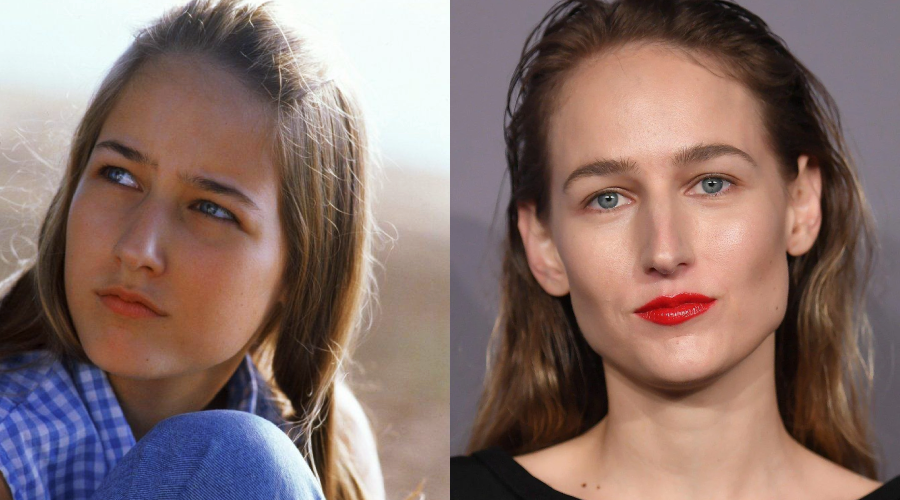 A side-by-side comparison of a young woman with long light brown hair, on the left in natural light looking thoughtful, and on the right older with slicked back hair, red lipstick, and a confident expression.
