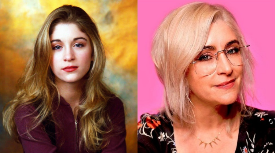 A side-by-side image of a woman with long, wavy blonde hair and a maroon top on the left, and the same woman older with short platinum blonde hair, glasses, and a floral top on the right, against a pink background.