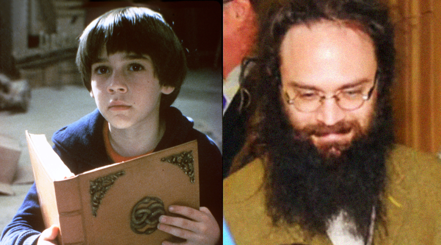 A split image shows a young boy with brown hair holding a large book on the left, and an adult man with glasses, a long beard, and long hair smiling on the right.