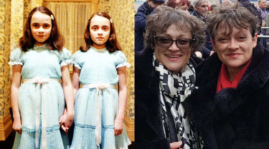 Side-by-side images: on the left, two young girls in matching blue dresses holding hands; on the right, two older women smiling together outdoors, wearing glasses and winter coats.