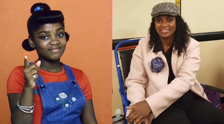 A split image shows a young girl in a red shirt and denim overalls smiling and pointing, and an adult woman in a pale coat and newsboy hat sitting and smiling at the camera.