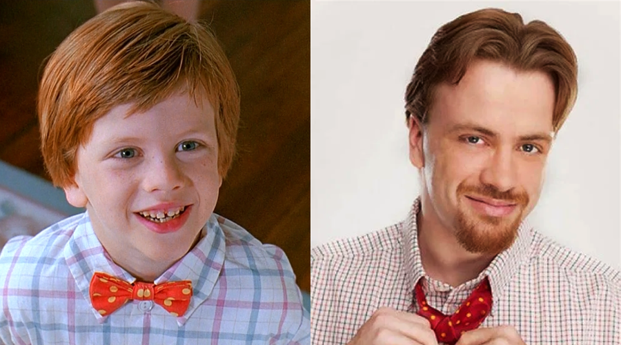 A split image shows a young boy with red hair wearing a red bow tie and checkered shirt on the left, and an adult with similar hair and beard adjusting a matching bow tie and shirt on the right.