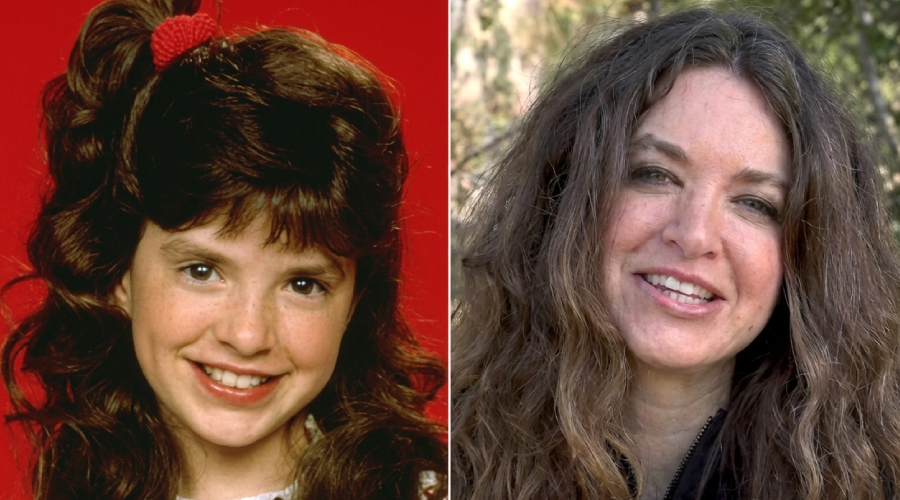 A side-by-side comparison of a woman as a young girl with long brown hair in pigtails, smiling against a red background, and as an adult with long wavy brown hair, smiling outdoors.