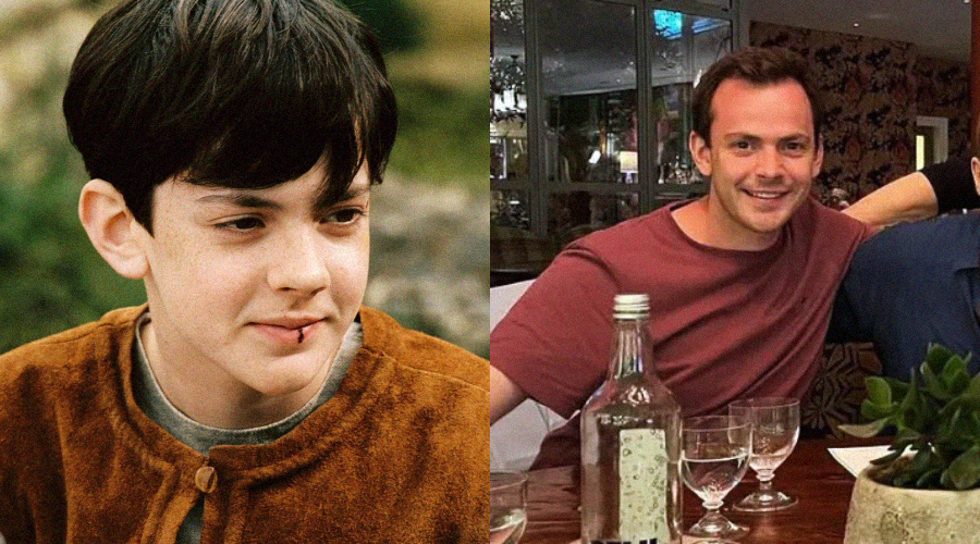 Side-by-side images of a young boy with dark hair wearing a brown shirt on the left, and an adult man with short hair and a maroon shirt smiling at a restaurant table on the right.