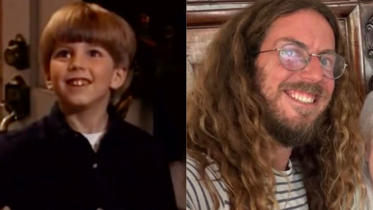 Side-by-side photos: on the left, a smiling young boy with straight light brown hair; on the right, a smiling adult man with long wavy hair, a beard, glasses, and a striped shirt.