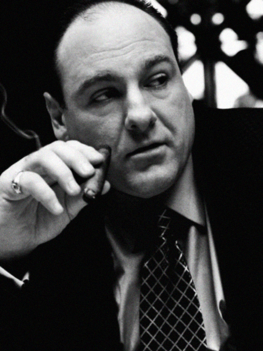A man in a suit holds a cigar and looks to the side with a serious expression. The image is in black and white, focusing on his face and hand.