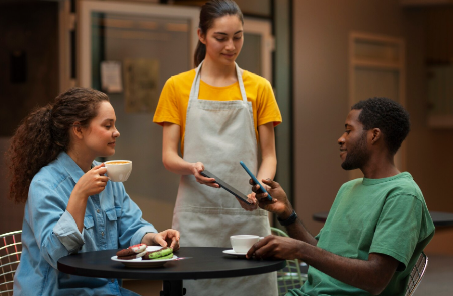 A woman and man sit at a café table with drinks and pastries while a waitress in an apron processes their payment. The man holds his phone out to pay as the woman sips her coffee and smiles.