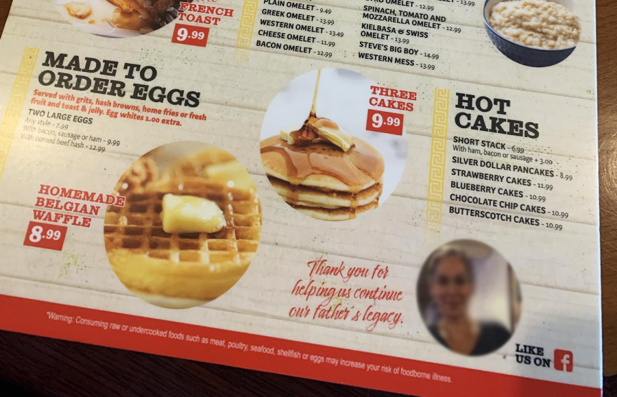 A restaurant menu section shows options for eggs, waffles, and pancakes. There are photos of a waffle with butter and syrup, and a stack of three pancakes with syrup. The "Hot Cakes" section lists different pancake varieties.