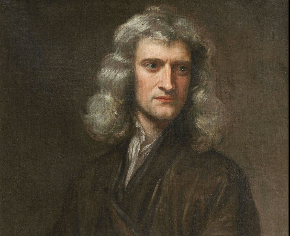 A classical oil painting portrait of a man with long, wavy gray hair, wearing a dark brown coat and white shirt, set against a plain dark background.