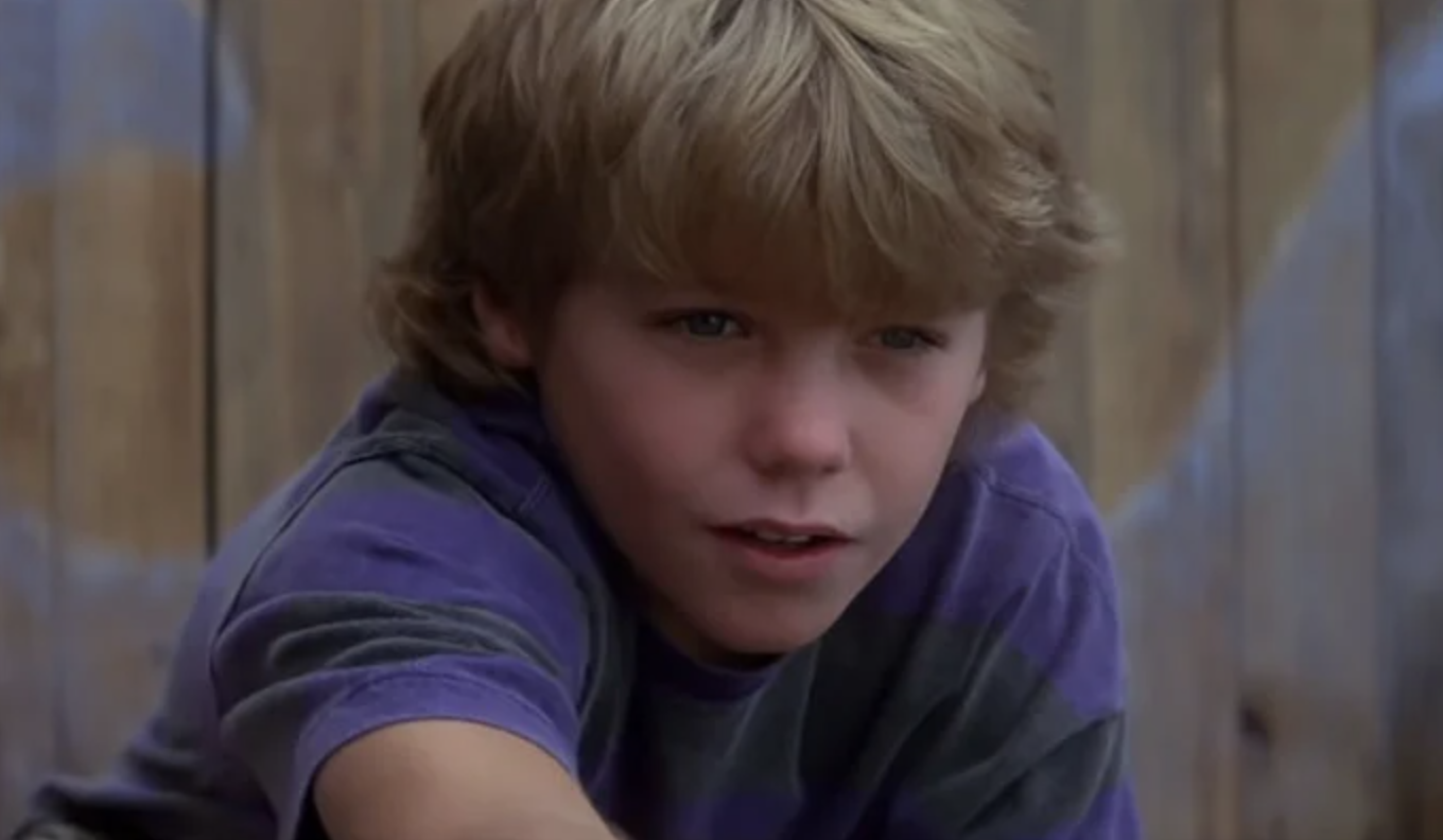 A young boy with shaggy light brown hair wearing a purple t-shirt sits outdoors in front of a wooden fence, looking ahead with a focused expression.