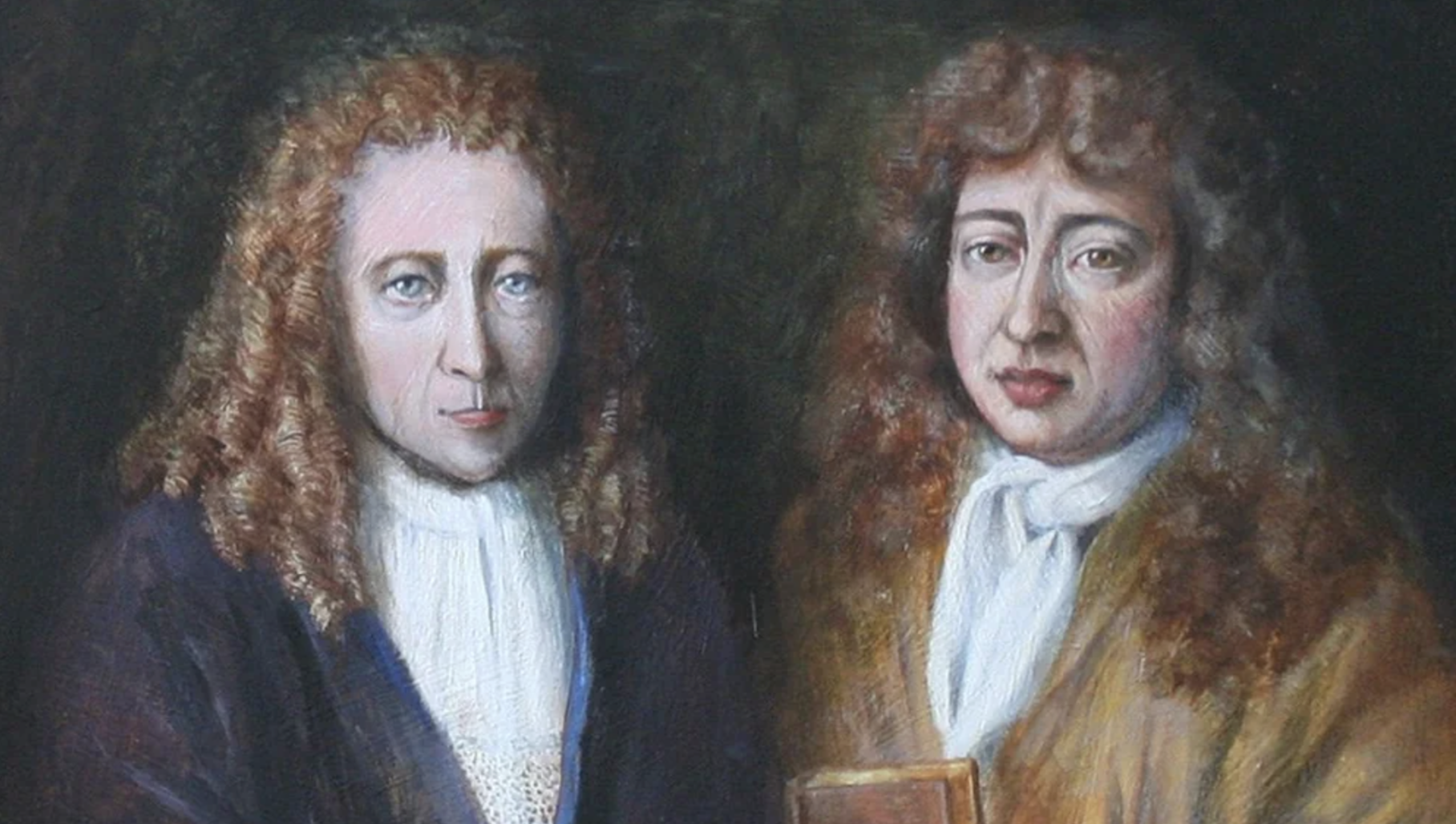 A painting of two men with long, curly hair, dressed in 17th-century clothing with white collars; one holds a book, and both have serious expressions, posed in front of a dark background.