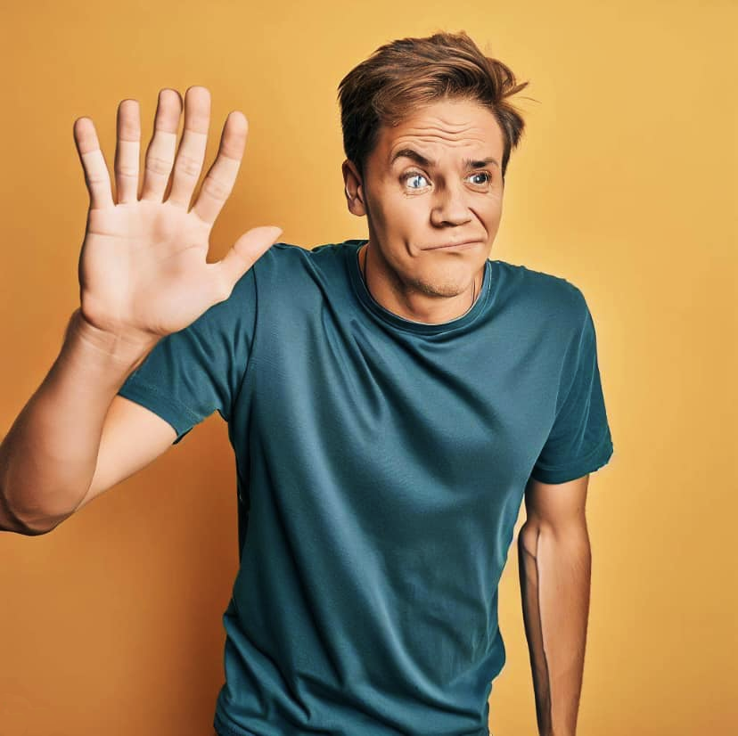 A young man in a blue t-shirt stands against a yellow background, raising his left hand as if waving or signaling stop, with a confused or uncertain expression on his face.