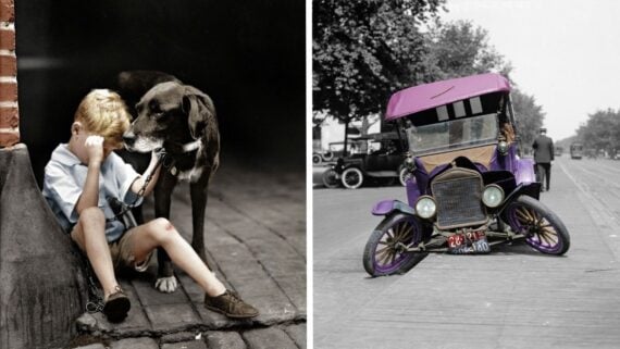 Split image: On the left, a sad boy sits on a curb with his face in his hands, comforted by a dog. On the right, an early 1900s car with purple highlights is crashed and tilted on a city street.