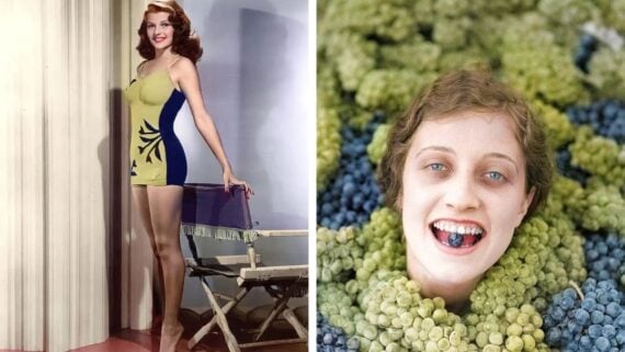 Split image: On the left, a woman in a vintage swimsuit poses by a director's chair. On the right, a smiling woman&rsquo;s head appears among green and purple grapes, holding a grape in her teeth.