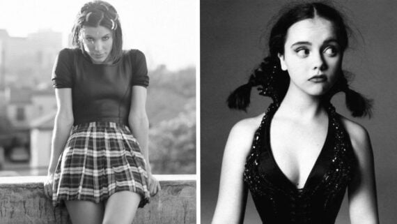 Side-by-side black and white photos of two women: left, a woman in a plaid skirt and short-sleeved top leans forward; right, a woman with braided pigtails in a sleeveless dress looks to the side.