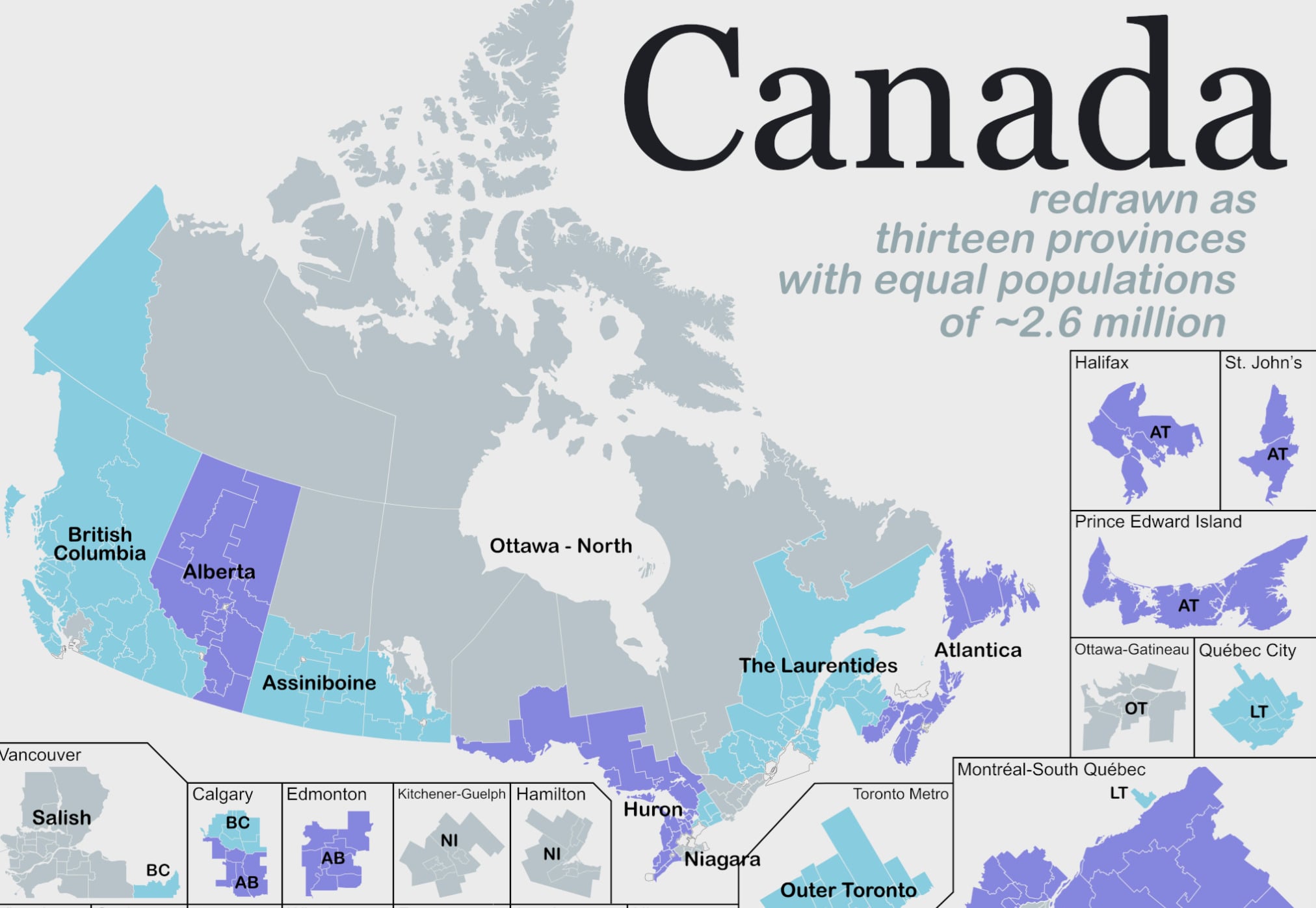 A map of Canada divided into thirteen provinces of equal population, each labeled with new names such as British Columbia, Alberta, Assiniboine, and The Laurentides, with major cities and regions highlighted.