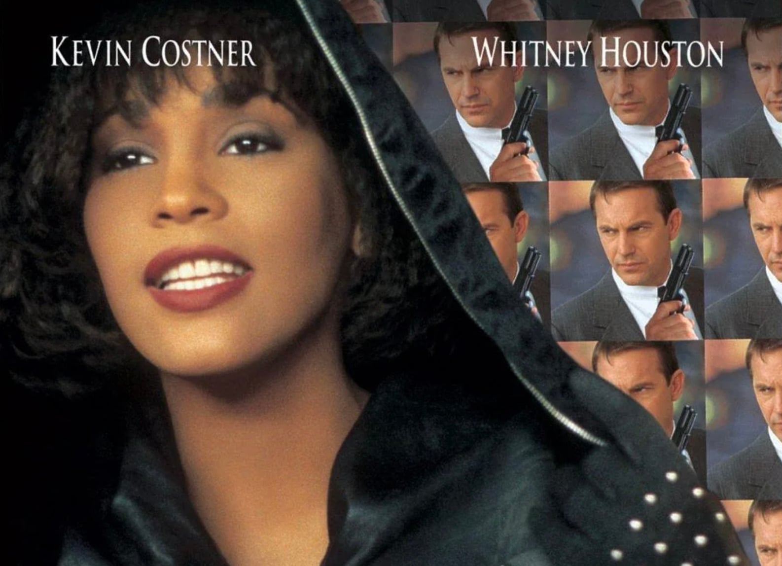 A woman in a black hooded cloak smiles in the foreground. In the background, a man holding a gun appears multiple times. Text at the top reads "Kevin Costner" and "Whitney Houston.