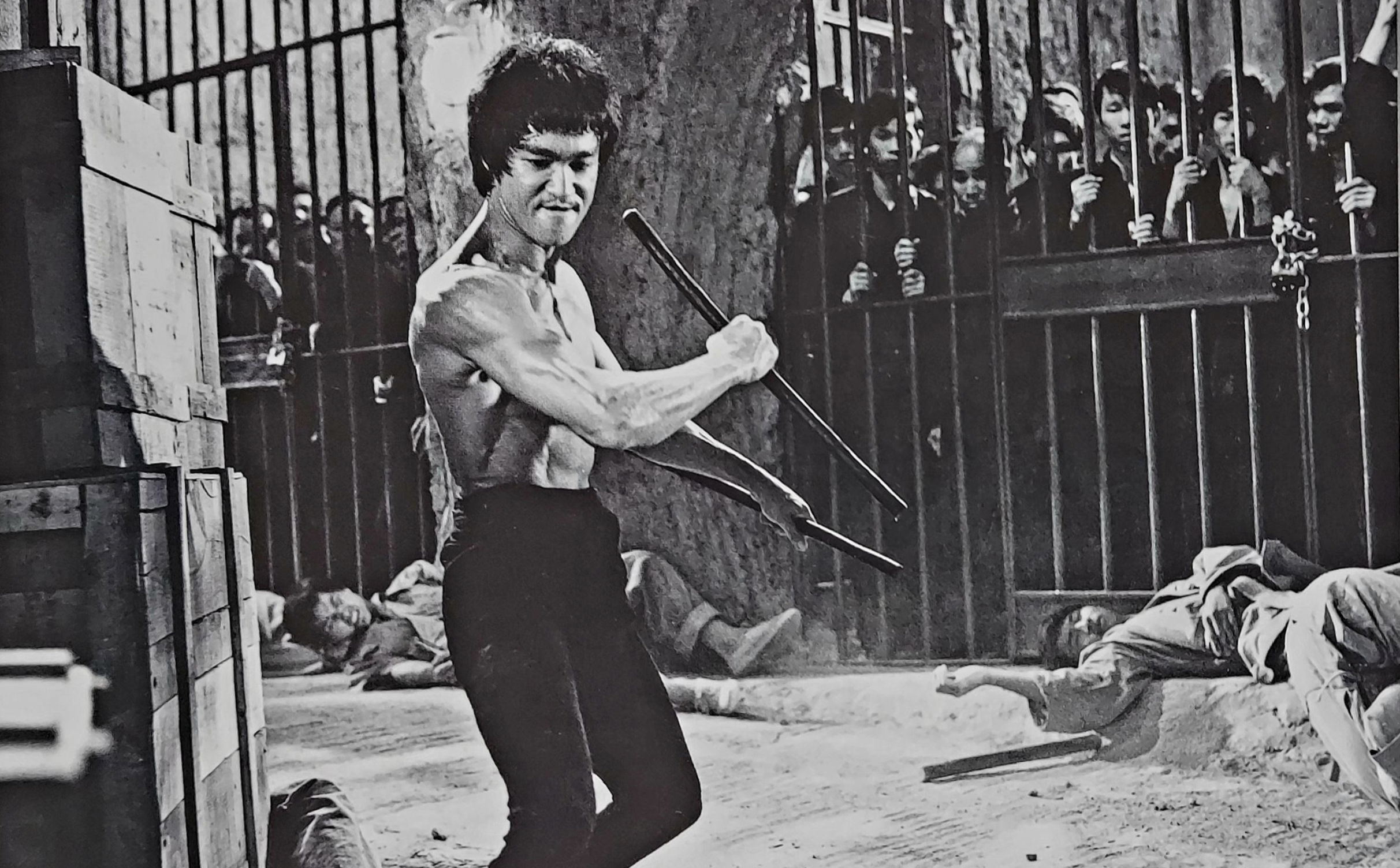 A shirtless man in black pants wields nunchaku in a fighting stance. Several people lie on the ground around him, while a crowd watches behind a fence. The scene appears intense and dramatic.