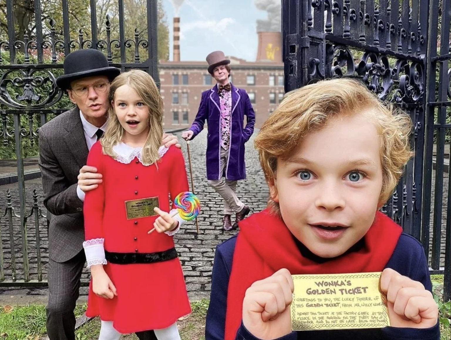 Three children, two holding golden tickets and one with a lollipop, stand excitedly in front of large iron gates. An adult and a man in a purple coat and top hat (Willy Wonka) are also present, with a factory in the background.