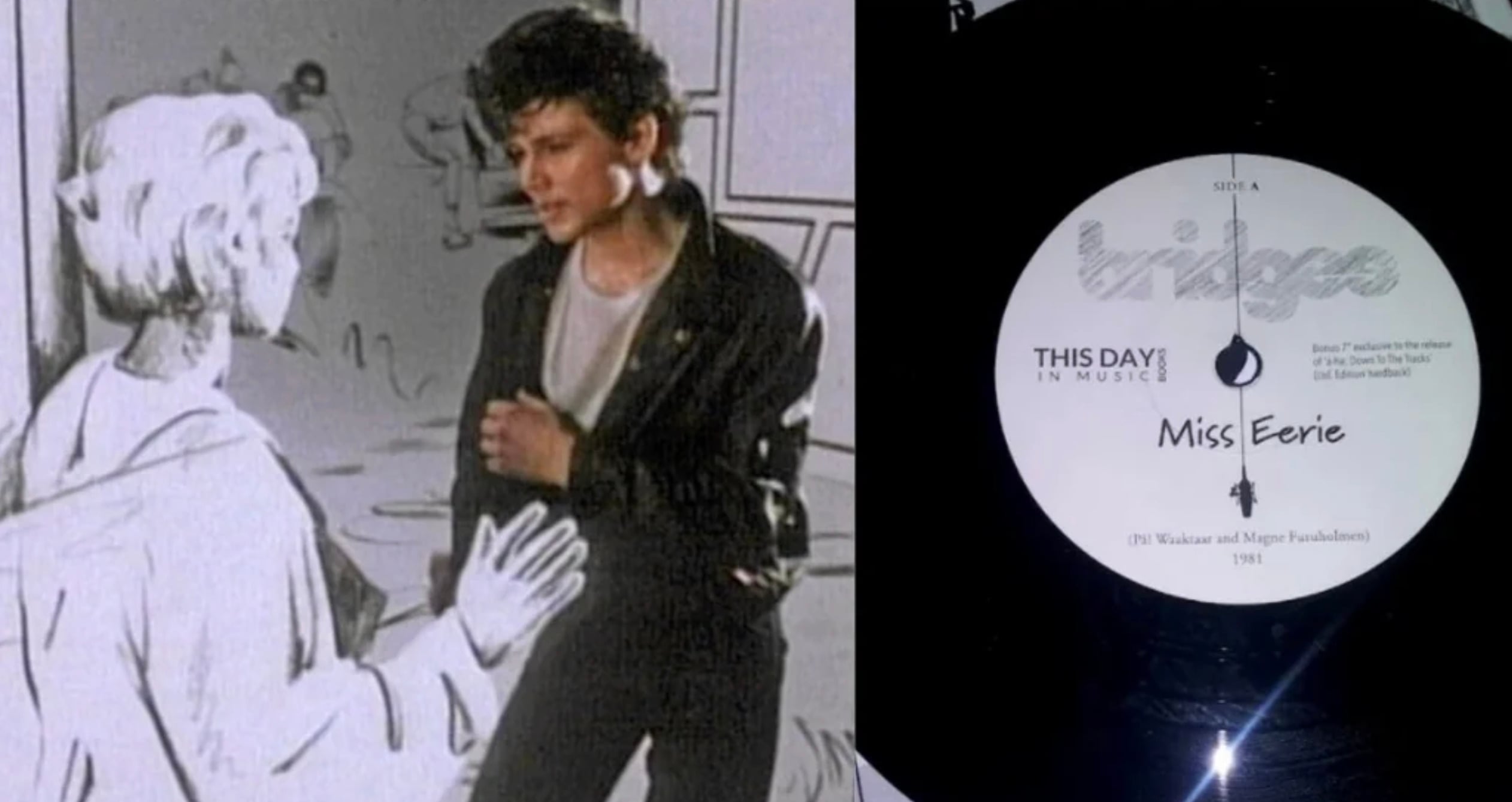 A split image: on the left, a scene from a black-and-white animated music video with a man in a leather jacket facing a drawn woman; on the right, a vinyl record labeled “Miss Eerie” by Bridges from 1981.