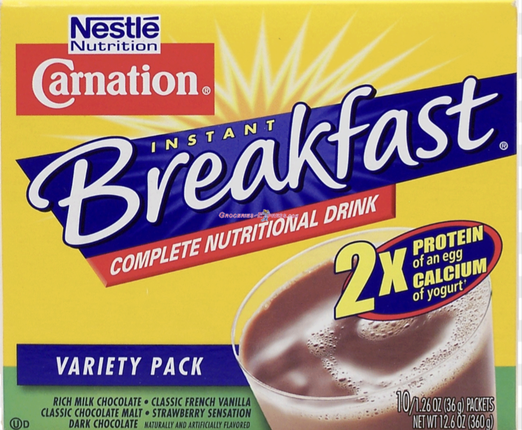 A box of Carnation Instant Breakfast Complete Nutritional Drink, Variety Pack. The box highlights "2X protein of an egg, calcium of yogurt," and pictures a glass of chocolate drink. Flavors listed at bottom.