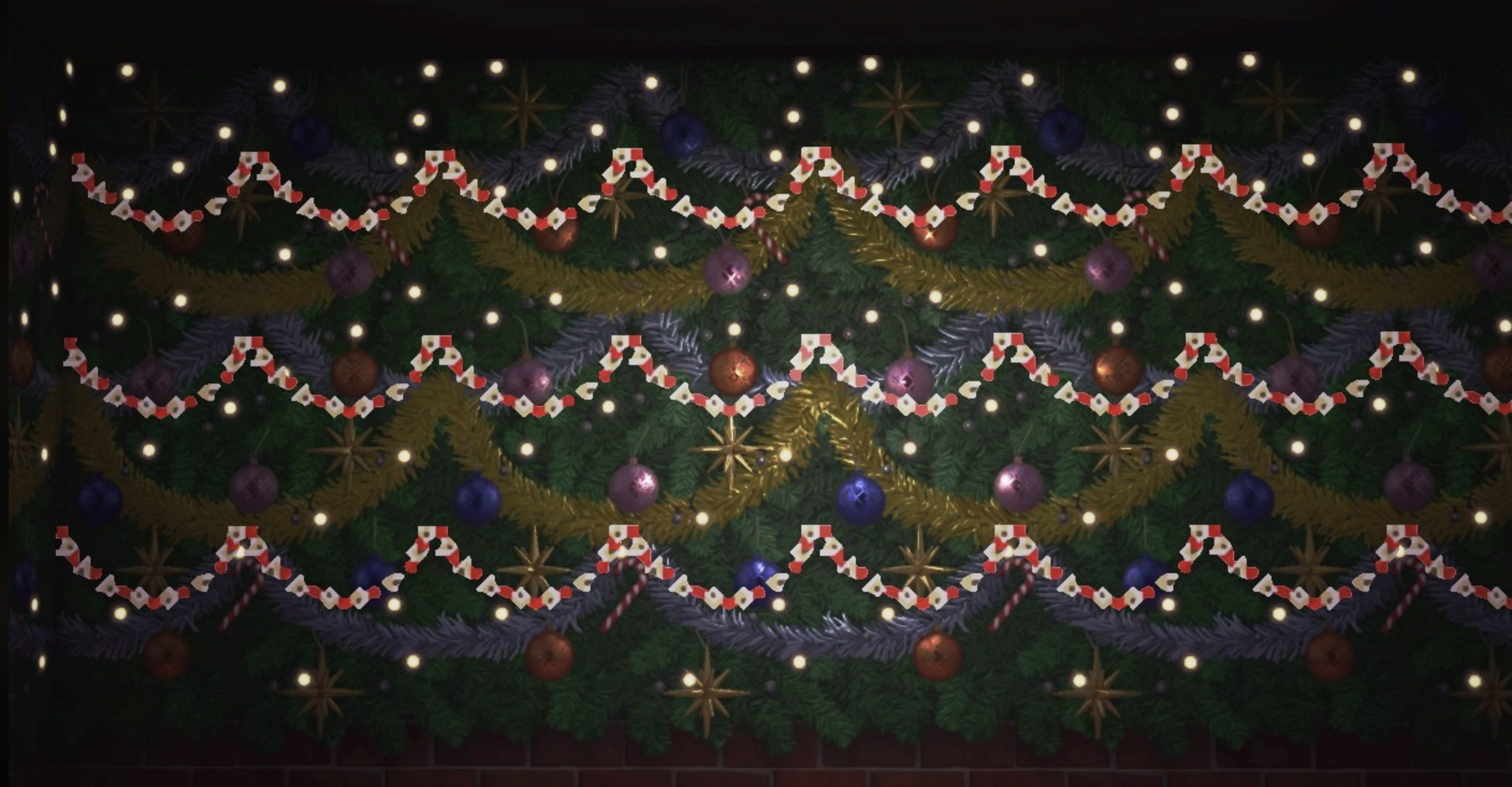 A festive Christmas garland decorated with gold tinsel, red, purple, and blue ornaments, gold stars, red-and-white chains, and small white lights, arranged against a backdrop of green pine branches.