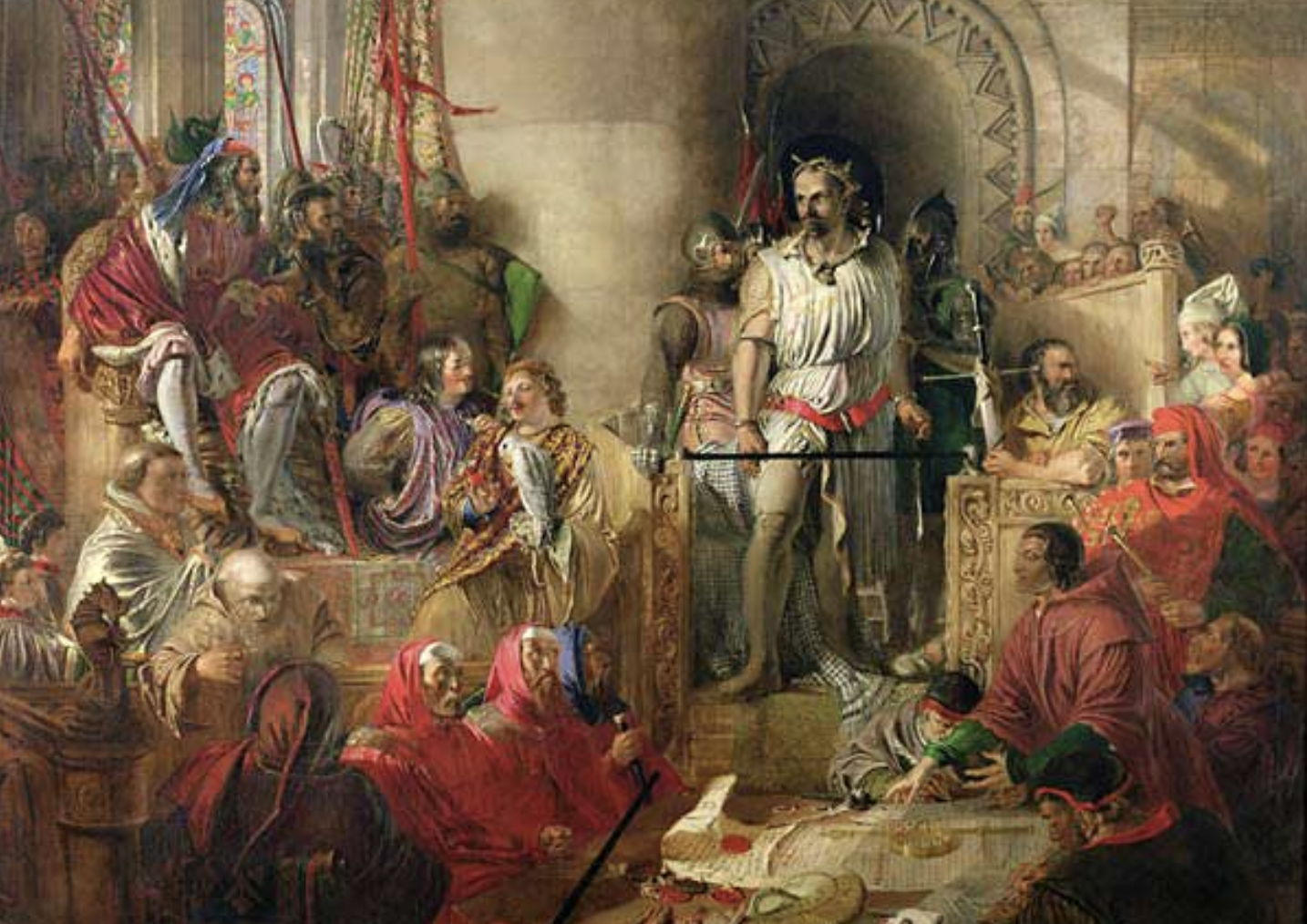 A medieval court scene with a king on a throne surrounded by nobles, knights, and courtiers in colorful, ornate clothing. The central figure stands in armor, addressing the assembled group inside a grand hall with stained glass windows.