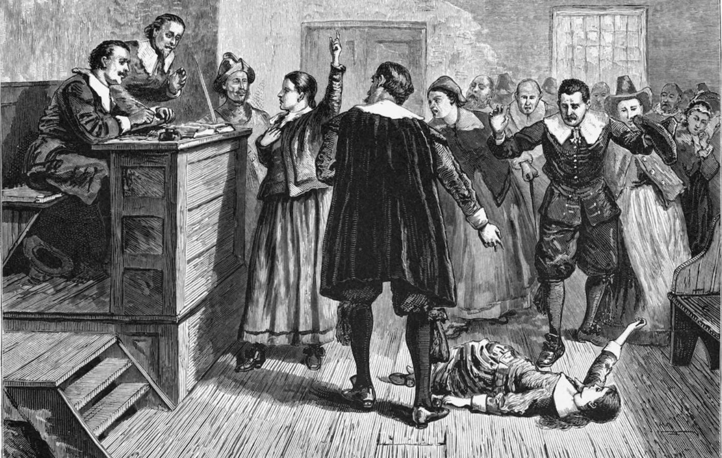 A black-and-white illustration depicts a woman in colonial dress raising her hand while facing a judge in court. A group of people watch, one person lies on the floor, and others react with alarm and concern.