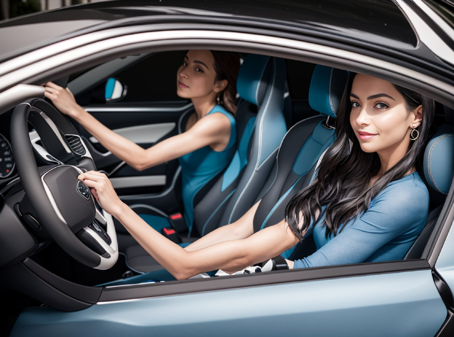 Two women in blue outfits are sitting in the front seats of a modern car, one in the driver’s seat holding the steering wheel and the other in the passenger seat, both looking ahead inside a sleek, stylish vehicle interior.