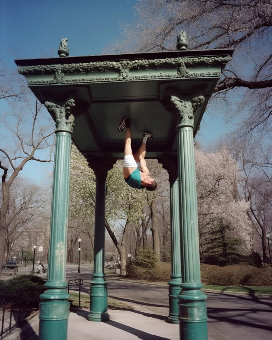 A person in shorts hangs upside down by their legs from the roof of a green pavilion with four columns in a park filled with trees on a clear day.