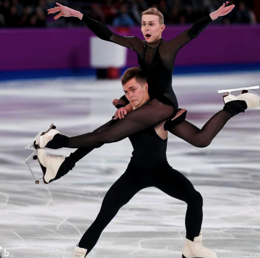 Two figure skaters perform on ice; one lifts the other, who extends their arms and legs outward in a dramatic pose above the lifter's shoulders. Both wear black outfits, and an audience looks on in the background.