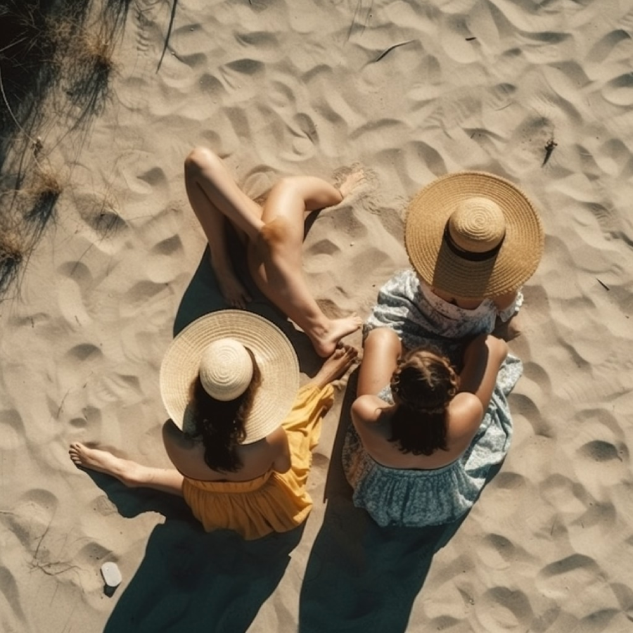 Three women in summer dresses and wide-brimmed straw hats sit and recline on sandy ground, seen from above. The sunlight casts shadows, and sparse grass is visible on the sand nearby.