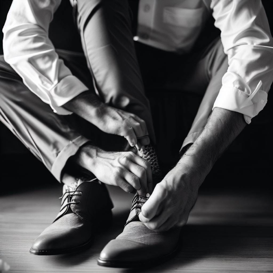 A man in dress pants and a white shirt sits down, leaning forward to tie the laces on his dress shoes. The image is in black and white, focusing on his hands and shoes.