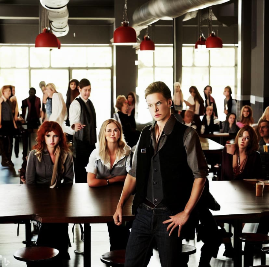 A stylishly dressed young man stands confidently at the front of a modern, crowded café with large windows, while groups of people behind him sit, chat, and look toward the camera.