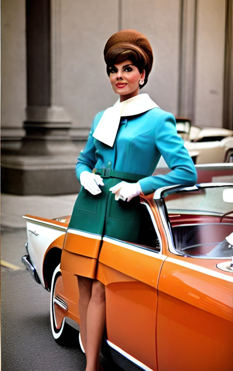 A woman in vintage 1960s fashion, wearing a teal blazer, green skirt, and white gloves, stands beside an orange and white classic convertible car on a city street.