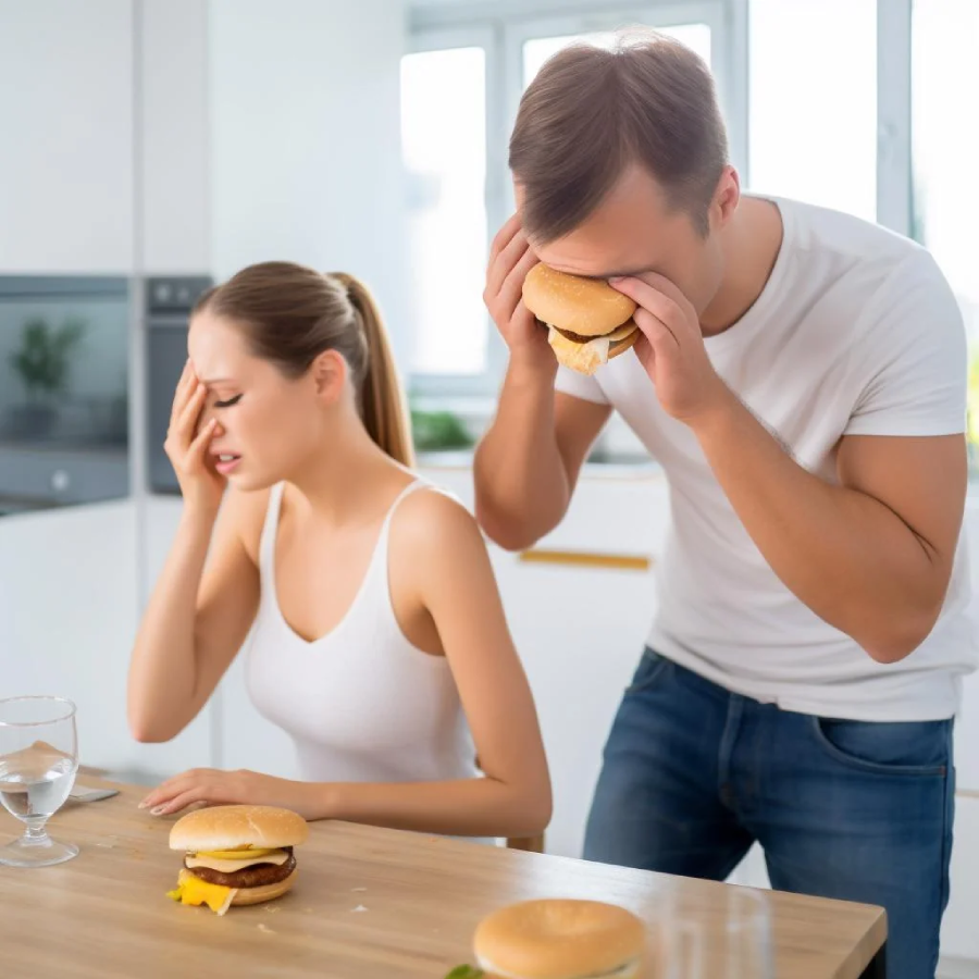 A woman sits at a kitchen table looking frustrated, while a man stands beside her holding a hamburger over his eyes like goggles. Both have burgers, and the setting is a bright, modern kitchen.