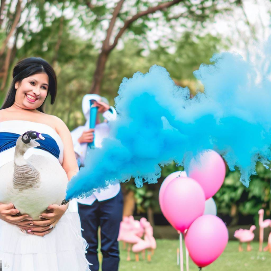 A smiling pregnant woman in a white dress holds a goose as blue powder bursts out, revealing her baby's gender. Pink balloons and flamingo decorations are in the background at an outdoor party.