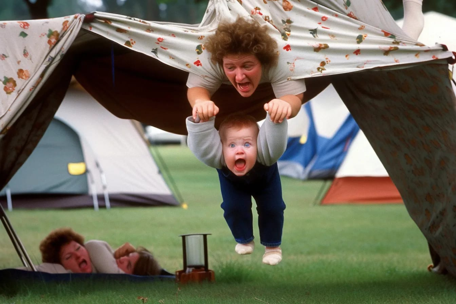 A woman hangs upside down from a tent, holding a laughing baby by the arms as they dangle together above the grass at a campsite, with more tents and two people lying inside one tent in the background.