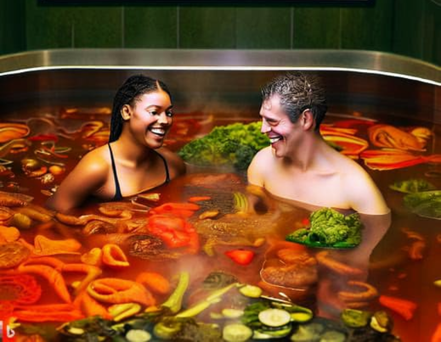 Two people sit smiling in a large tub filled with soup, surrounded by floating vegetables like broccoli, carrots, bell peppers, and cucumbers. The scene is playful and unusual, set in an indoor environment.