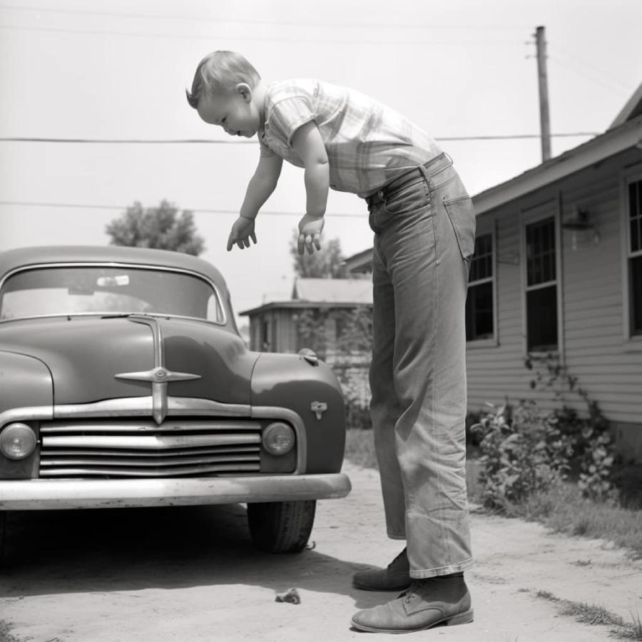 A man playfully holds a young boy in the air near an old-fashioned car parked beside a house on a sunny day. The boy stretches his arms downward, and both appear to be enjoying the moment.