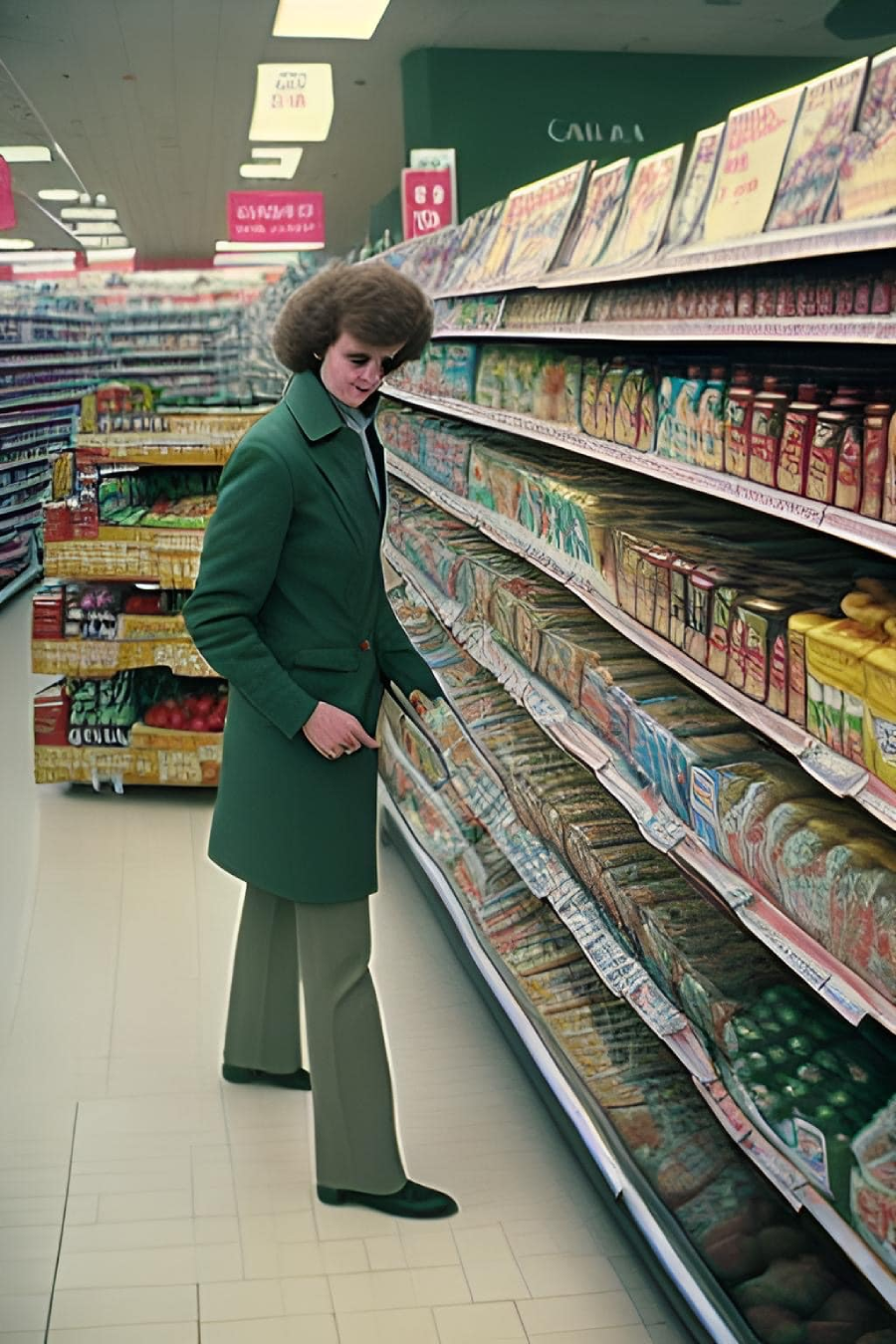 A person in a green coat stands in a supermarket aisle, looking at shelves filled with different types of bread and packaged goods. The store is brightly lit and has neatly organized products.
