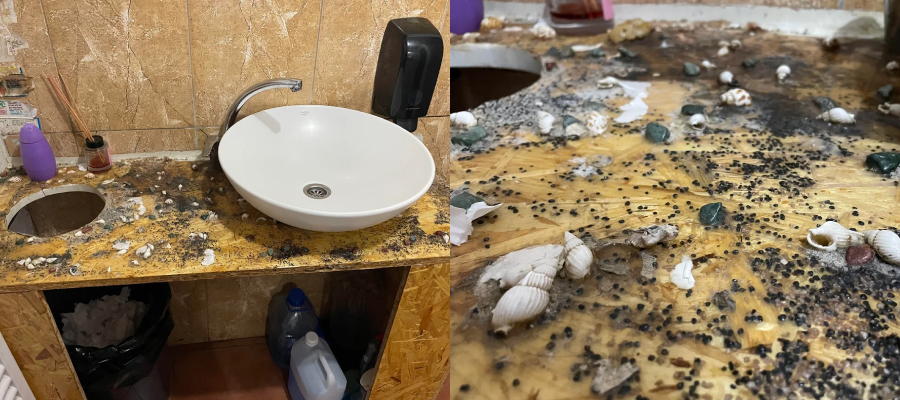 A bathroom sink set in a wooden countertop decorated with scattered seashells, small stones, and black beads; the countertop appears worn and dirty, with holes and spilled items visible.