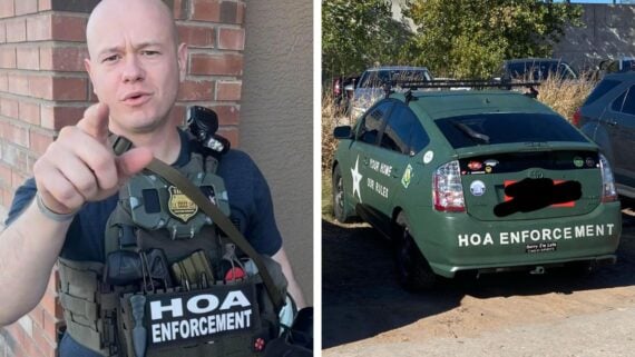 Split image: Left, a bald man in tactical gear labeled "HOA Enforcement" points at the camera. Right, a green car marked "HOA Enforcement" is parked near bushes, covered with stickers and logos.