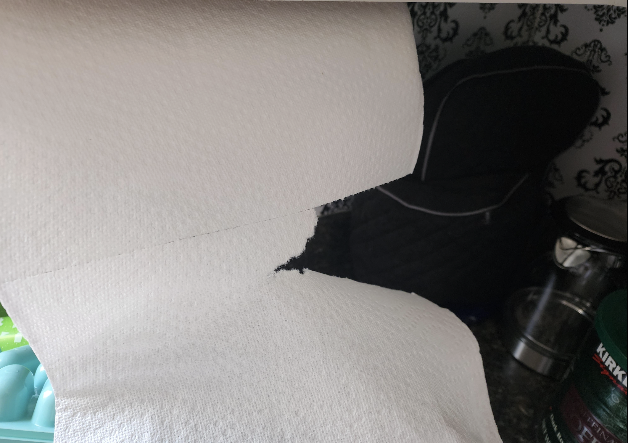 A close-up of a roll of paper towels being torn off, with a jagged edge. In the background, kitchen items including a black oven mitt, a metal container, and a green Kirkland container are visible.