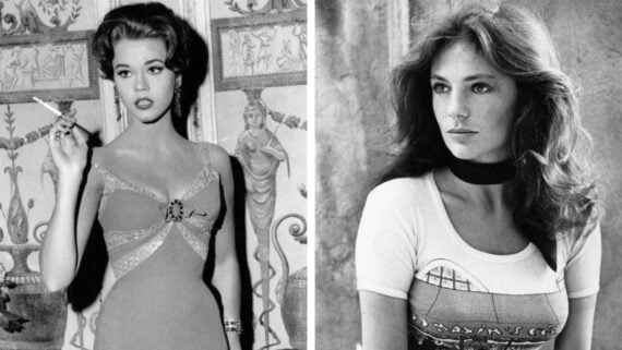 A split image shows two women: on the left, a woman in a glamorous dress holding a cigarette; on the right, a woman with long hair wearing a T-shirt and choker, gazing thoughtfully. Both images are in black and white.