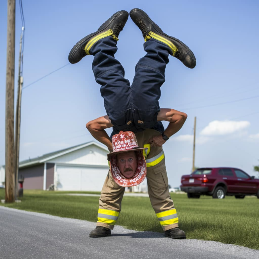 A firefighter in full gear does a headstand on a road, with his legs up and arms bent. He wears a decorated helmet and is in front of a grassy area with a red car and a house in the background.