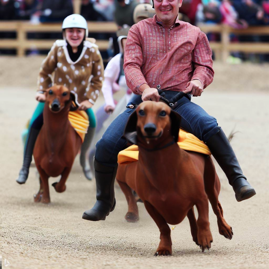 People in helmets and casual clothes ride large, dachshund-like dogs in a playful race on a dirt track, with a cheering crowd in the background.